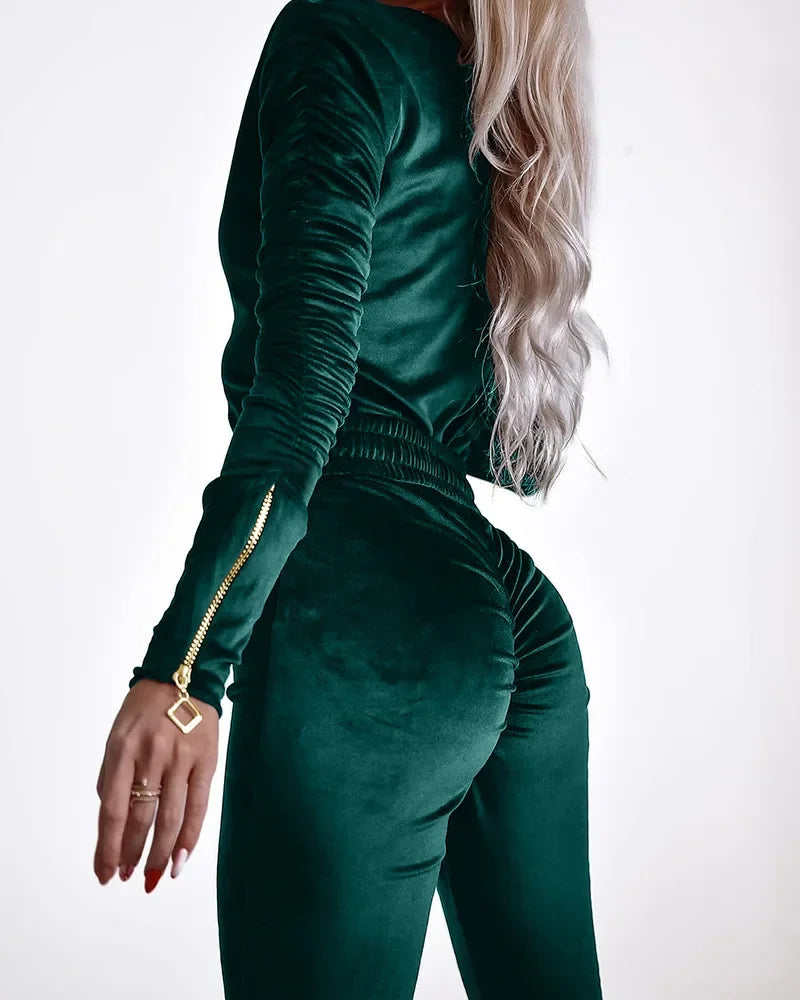 Zipper Design Ruched Long Sleeve Velvet Jumpsuit with Elastic Waistbelt Women Jumpsuits Pants Overall