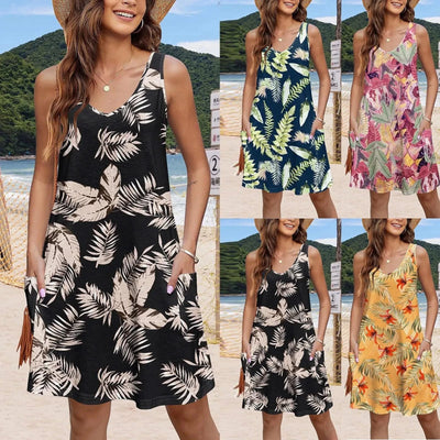 Floral Print Dresses For Women Summer Sleeveless V Neck Boho Beach Dress Vestidos Ladies Vacation Dresses Vestidos Femenino