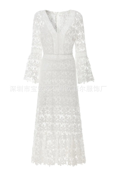 Summer Dress for Women See Through Hollow Out Sexy Long Dresses Long Sleeve V-Neck Lace Dress Loose Bohemian Loose Beach Smock