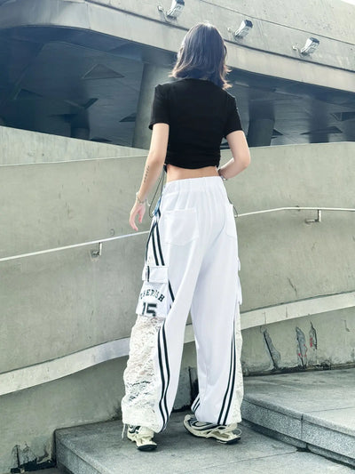 Wide Leg Pants Women Floor Length Patchwork Lace Denim Stripe Print High Waist Multiple Pockets 2025 Streetwear Cargo Trousers