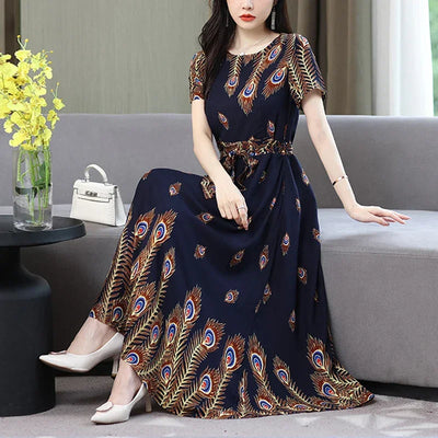 New Fashion 2024 Print Summer Dresses For Women Short Sleeve O-Neck Elegant Summer Dress Woman Clothing