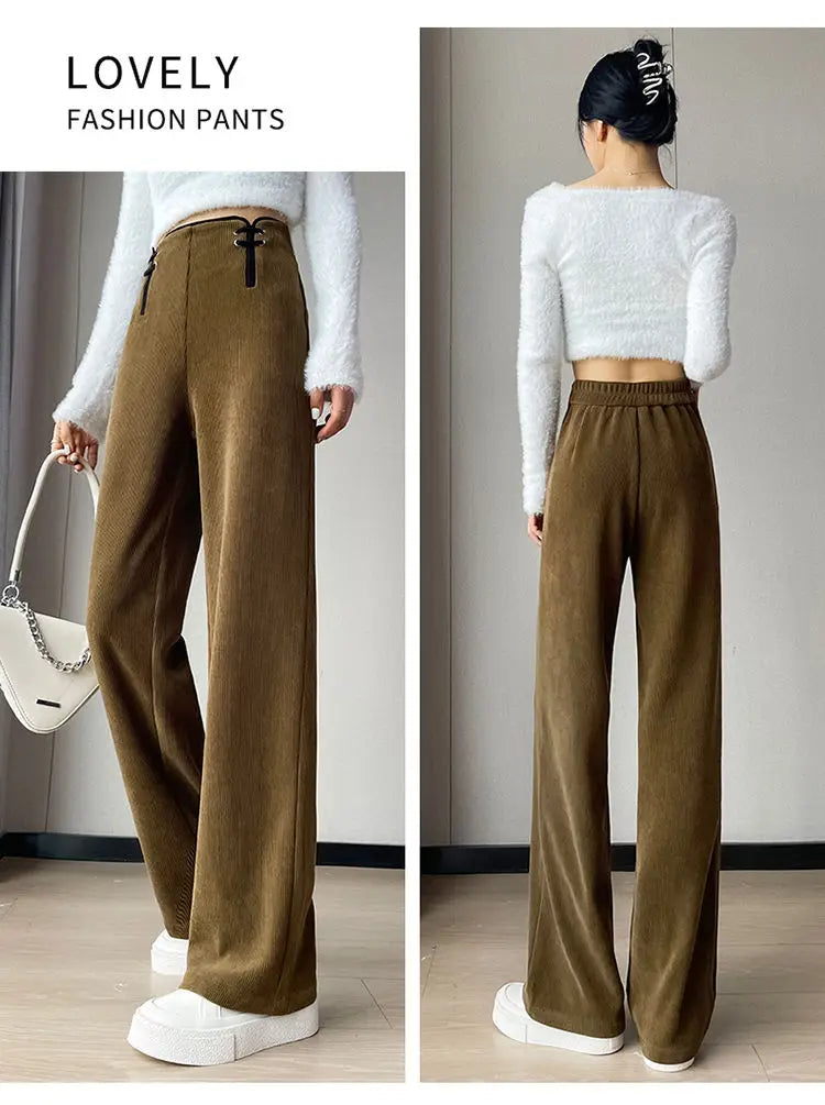 Women's Wide-leg Pants Autumn Winter Trousers New Chinese Style Folding High Waist Drooping Casual