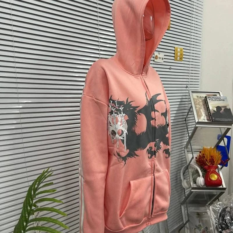 Sexy European and American printed striped hooded sweatshirt with zipper, pink men's and women's sports loose sweatshirt jacket