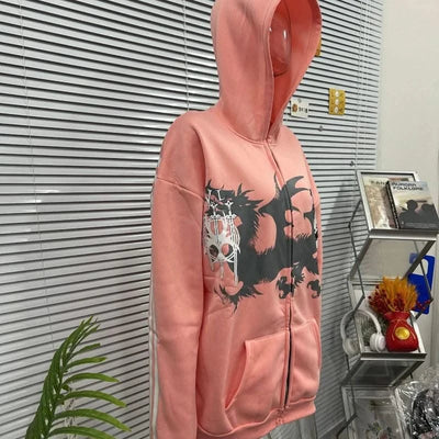 Sexy European and American printed striped hooded sweatshirt with zipper, pink men's and women's sports loose sweatshirt jacket