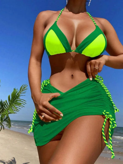 2025 Black Halter String 3 Piece Bikini Swimsuit Women