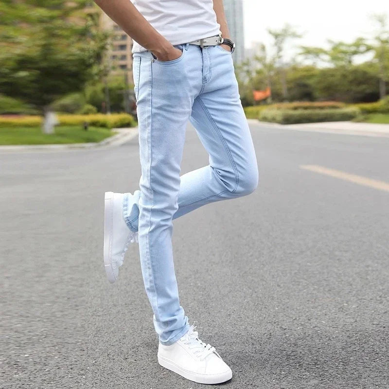 2024 New Men Stretch Skinny Jeans Male Designer Brand Super Elastic Straight Trousers Jeans Slim Fit Fashion Jeans , Sky blue