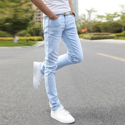 2024 New Men Stretch Skinny Jeans Male Designer Brand Super Elastic Straight Trousers Jeans Slim Fit Fashion Jeans , Sky blue