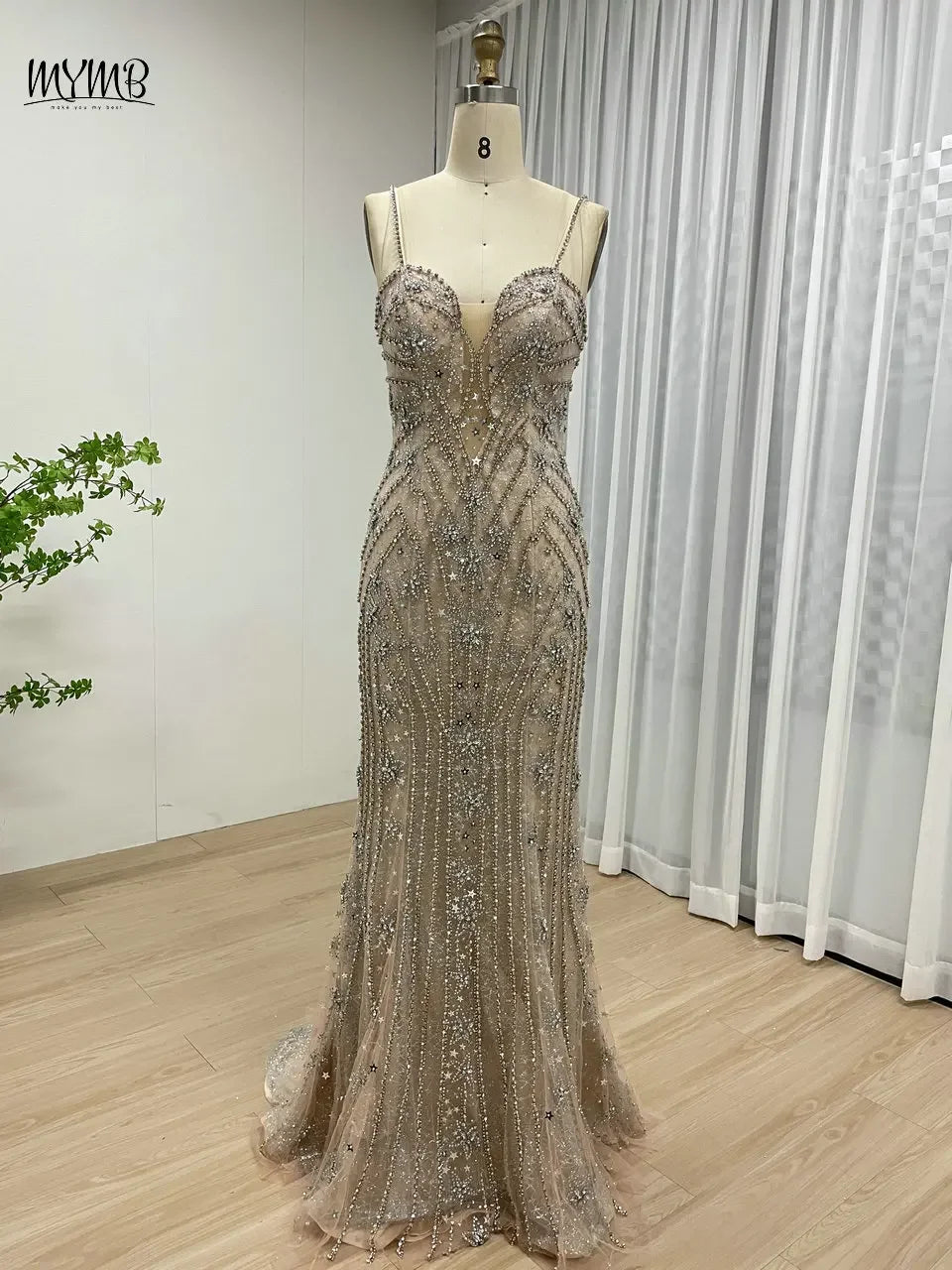 MYMB Luxury Mermaid Sheath Evening Gown for Women Wedding Party Dubai Sexy Spaghetti Straps Backless Beaded Prom Dress DSH16188