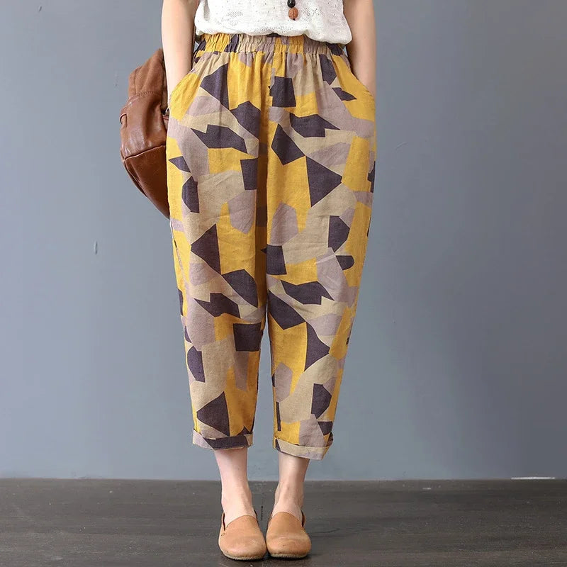 Casual Wide Leg Pants Women Summer Harem Pants for Women Retro Fashion Print Loose Cotton Linen Pants Printed Ankle-Length Pants