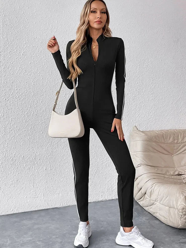 Women New Jumpsuits Spring Fashion Streetwear Long Sleeves Half High Collar Bodycon Striped Rompers Black Sexy Female Jumpsuits