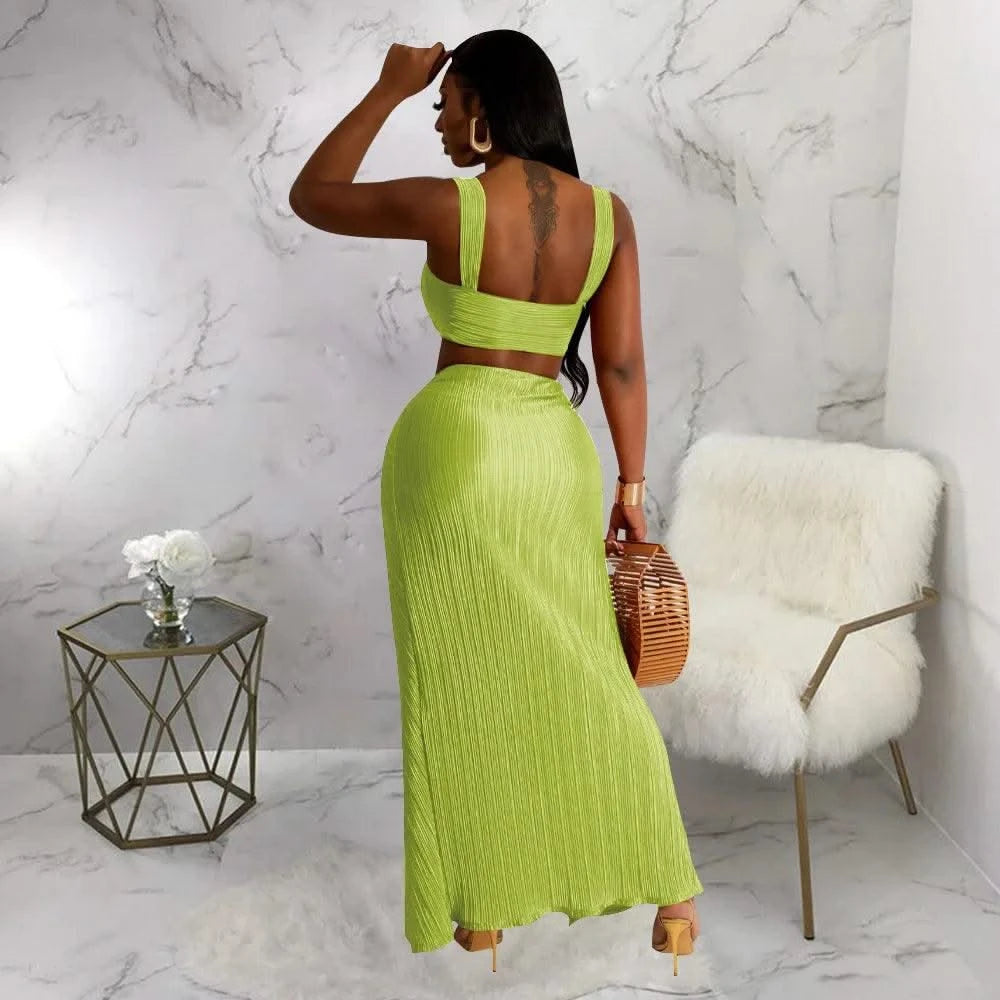 Women Two Pieces Set Sexy Backless Halter Top and High Waist Side Slit