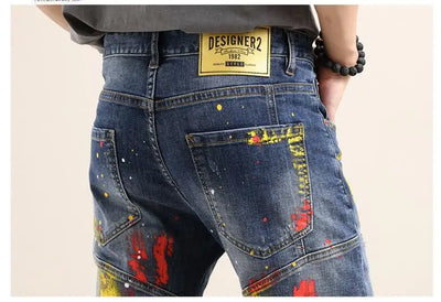 Men Fashion Denim Shorts Jeans New Summer Male Blue Ripped Jeans Shorts High Quality Man Paint Splash Technology Denim Shorts