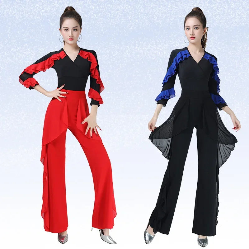 Women Dance Wear Latin V Neck Tops Line Dance Costume New Product Long Sleeve Ballroom Waltz Professional Competition Samba Tops