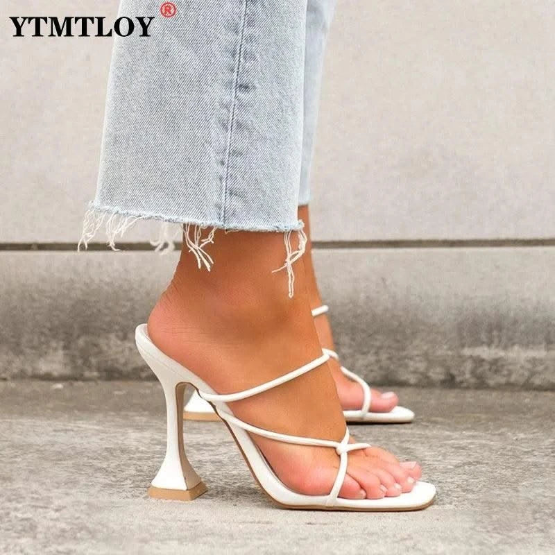 2023 Summer Pumps Sexy high heels Slippers Sandals Shoes Women Thin High Heels Square Toe Sandal Lady Pump Shoes Mules white