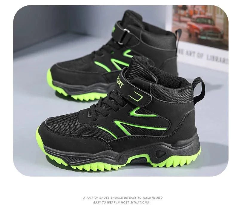 New Boys' Sports Shoes Non-slip School Children's Leather Breathable Running Black Fashion Hiking Shoes Sneaker Size 29-40