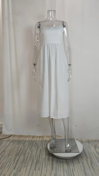 Women's Off The Shoulder Midi Dress 2024 Summer New Solid Color Sexy U-Neck Strap Large Swing Dress For Women Vestidos De Mujer