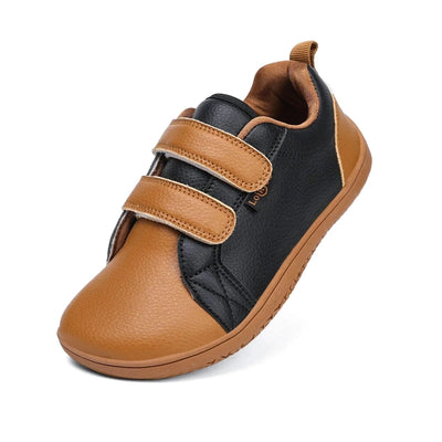 Kids Lightweight Hook Loop Artificial Leather Walking Shoes | Boys Girls Wide Toe Minimalist Fashion Flat Sneakers