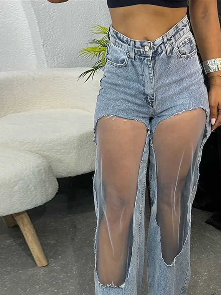Women Fashion See Trough Jeans Y2k Pockets Pants Vintage Mesh Hollow Sheer High Waist Trousers Girls Straight Wide Leg Bottoms