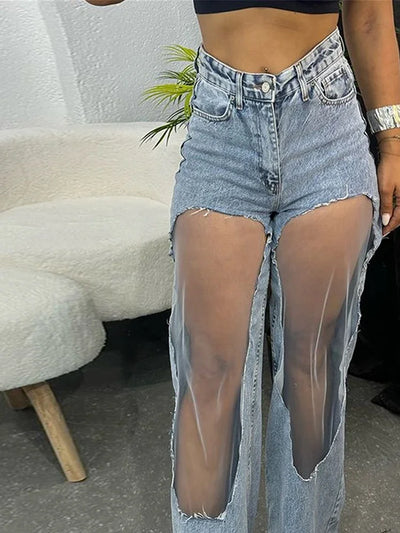 Women Fashion See Trough Jeans Y2k Pockets Pants Vintage Mesh Hollow Sheer High Waist Trousers Girls Straight Wide Leg Bottoms