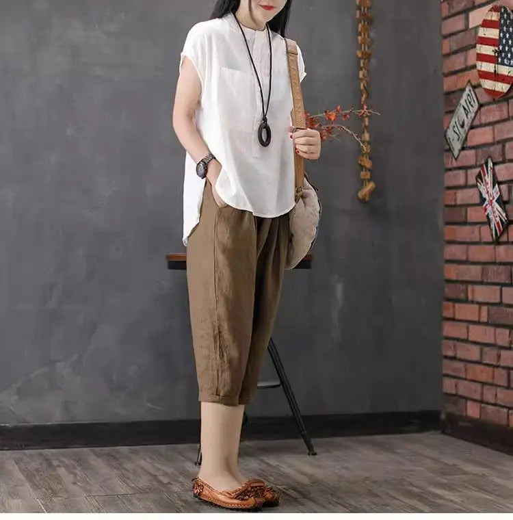 Artistic Style Cotton Linen Short Sleeves Shirt for Women Summer Solid Loose Stand Collar Temperament Top Fashion Women Clothing