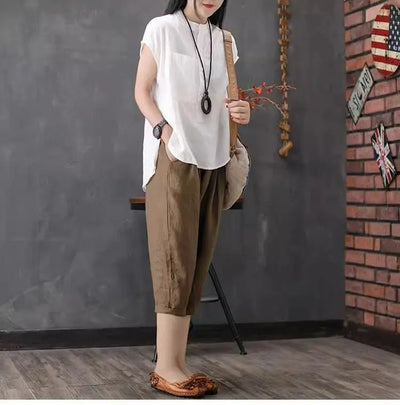Artistic Style Cotton Linen Short Sleeves Shirt for Women Summer Solid Loose Stand Collar Temperament Top Fashion Women Clothing