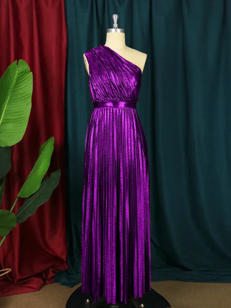Elegant Women Even Dresses Luxury Maxi Long Metallic Pleated Dress One Shoulder Sleeveless Premium Shiny Shimmer Gowns Big Size