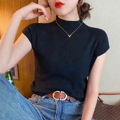 Crew Neck Fashion Women T Shirt Street Casual Knitted T-Shirt Solid Top Tees Sexy Slim Summer Short Sleeve Women's Clothing