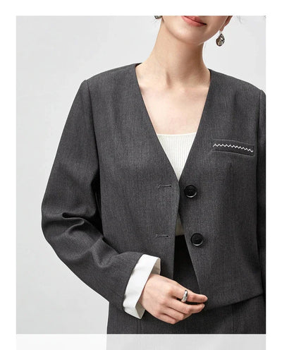 SENTUBILA Two Piece Skirt Sets Women Outfits 2025 Spring Office Ladies V Neck Grey Blazer Jackets Straight Slit Skirt 143Z56241