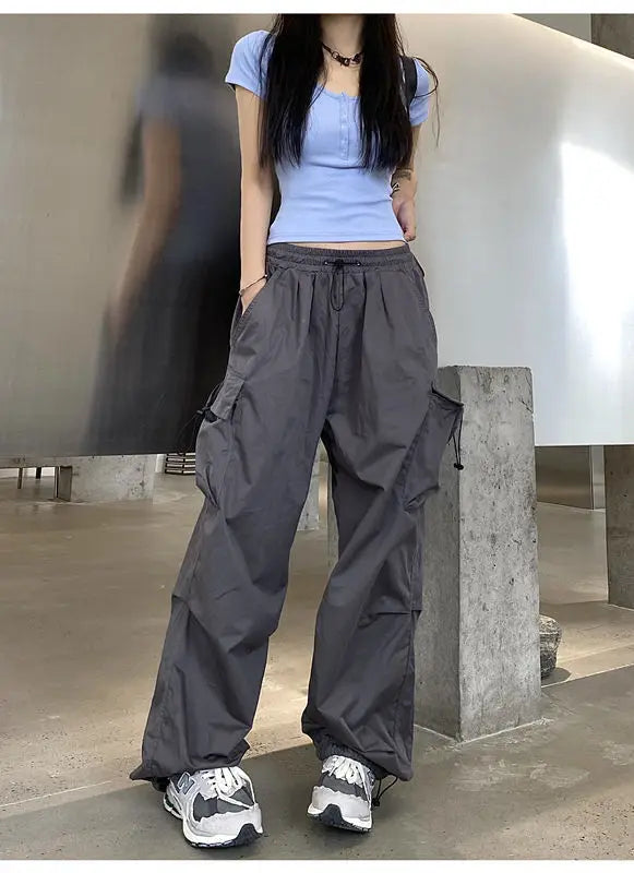 2025 Cargo Pants Women Retro Workwear Casual Baggy Straight Trousers Fashion Wide Leg Pockets Joggers Trousers Y2k Streetwear