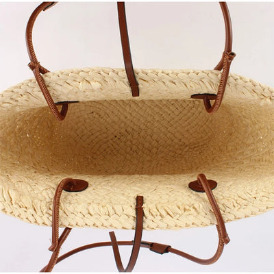 Designer Bohemian Chic Shoulder Bag,Solid Color Large Capacity Straw Woven Tote Bag,Nature-Inspired Beach Vacation Women Handbag