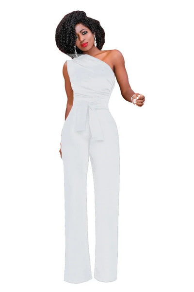 Women's Jumpsuit Solid Skew Collar Crop Top Straight Pants Belt Sexy Sleeveless Loose Pants Elegant Charming Playsuits 2024