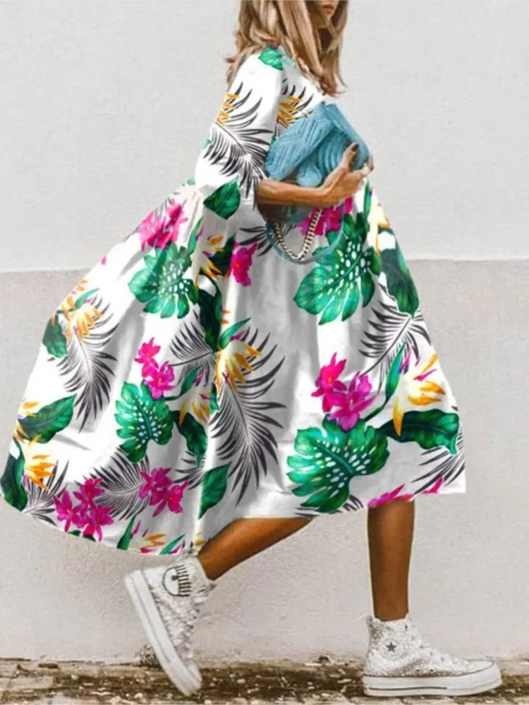 Women's Summer New Mid Sleeve Round Neck Fashionable Printed Bohemian Seven Sleeve Casual Loose Dress For Women