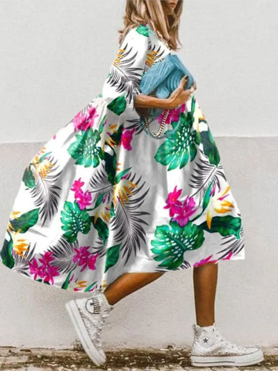 Women's Summer New Mid Sleeve Round Neck Fashionable Printed Bohemian Seven Sleeve Casual Loose Dress For Women