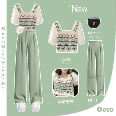Summer Set for Women 2024 New Small Fresh Outfit Korean Style Western-style Top Slimming Versatile Casual Pants Two-piece Set