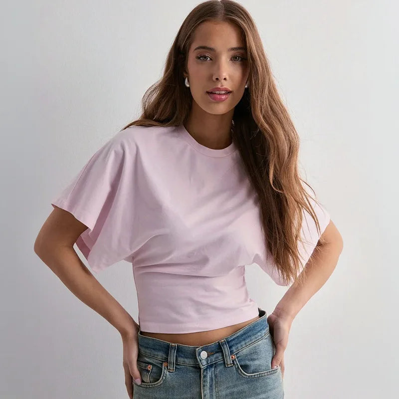 Women's cotton t-shirt summer 2025 baggy crop top French style elegant blouses Sense of design Short sleeve tee casual y25tp031