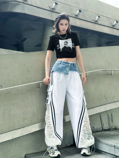 Wide Leg Pants Women Floor Length Patchwork Lace Denim Stripe Print High Waist Multiple Pockets 2025 Streetwear Cargo Trousers