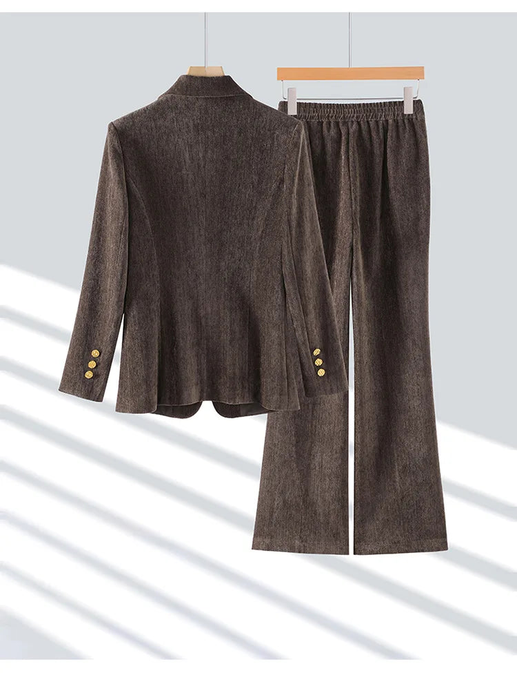Burgundy Women's Blazer And Pants Suit Velvet Fall Winter Outfits For Women Long Sleeve Jacket 2 PCS Womens Clothing