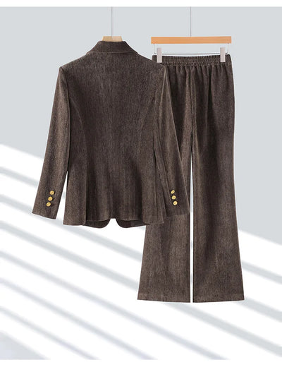 Burgundy Women's Blazer And Pants Suit Velvet Fall Winter Outfits For Women Long Sleeve Jacket 2 PCS Womens Clothing