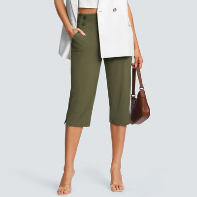Women Elastic High Waist 3/4 Pant Casual Active Fit Wide Capris Leg Pants Trousers With Pockets Pants Woman брюки женские