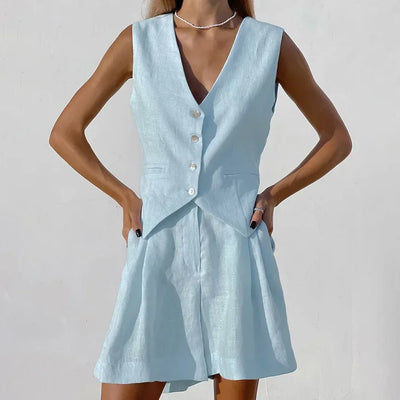 New Cotton Linen Vest Short Sets Casual Sleeveless Undershirt Shorts Sets for Women 2 Pieces Outfit Office Lady White Pant Sets