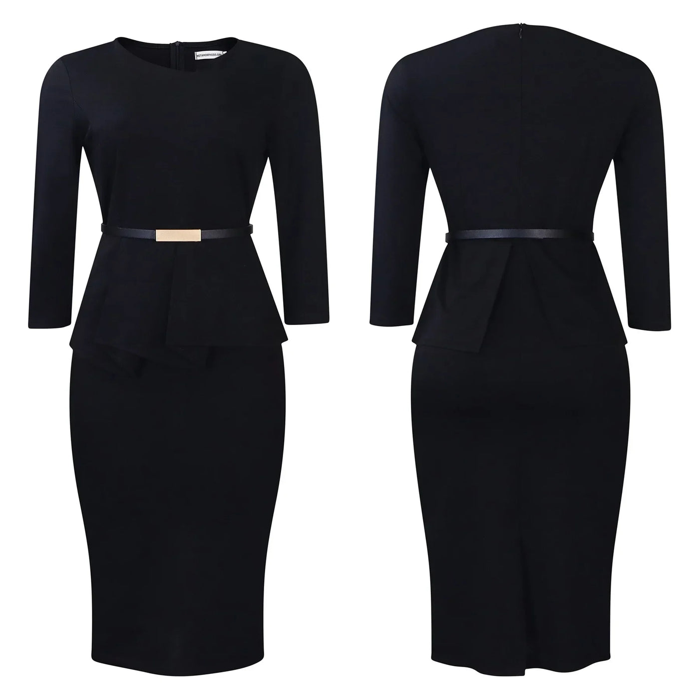 Dress Office Wear for Women Professional Skew Collar Three Quarter Sleeve Belt Waisted Sheath Package Hips Mid Calf Formal Dress