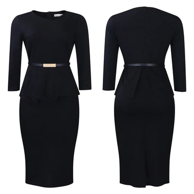 Dress Office Wear for Women Professional Skew Collar Three Quarter Sleeve Belt Waisted Sheath Package Hips Mid Calf Formal Dress