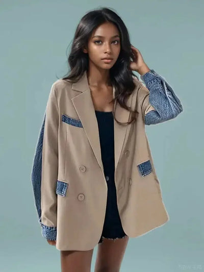 DEAT Women's Blazer Notched Collar Patchwork Denim Long Sleeve Khaki Long Sleeve Suit Coat  2024 Summer New Fashion  29L1530
