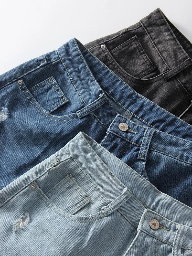 Women Denim Shorts Ripped Wide Leg Black High Waist Short Jeans Straight Leg Blue Denim Shorts For Women Summer Jean Shorts