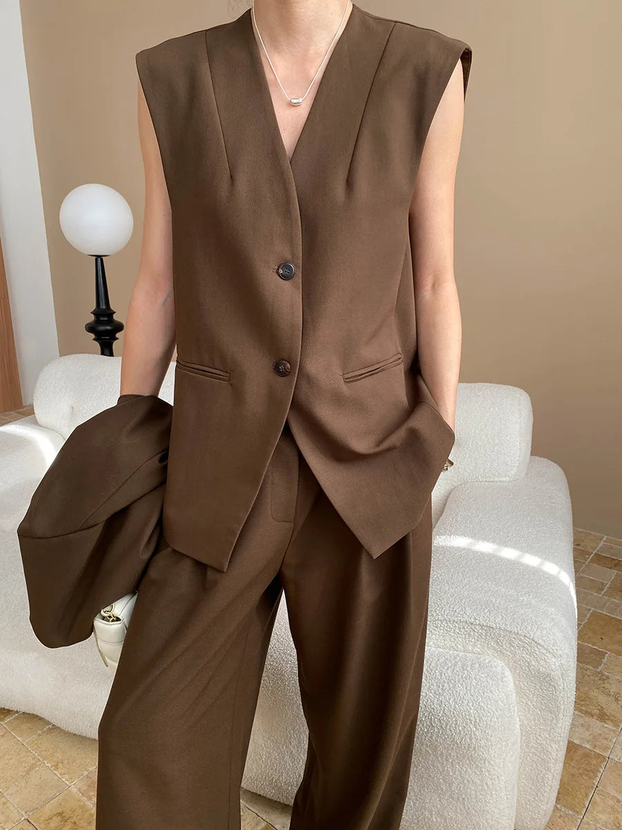 Spring and Autumn Women's Casual Solid Color Loose Jacket+V-neck Vest+Wide Leg Pants Set