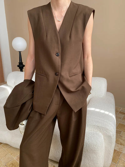 Spring and Autumn Women's Casual Solid Color Loose Jacket+V-neck Vest+Wide Leg Pants Set