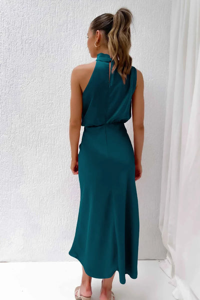 2025 Spring/Summer Long Dress for Women High Waist Halter Satin Sleeveless Dress Fashion Elegant Solid Evening Party Dresses