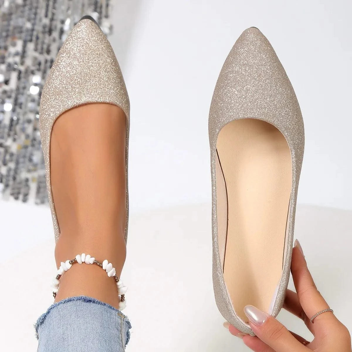 Glittery Slip on Loafers | Breathable Pointed Toe Boat Shoes | Shallow Flats Women Plus Size 43