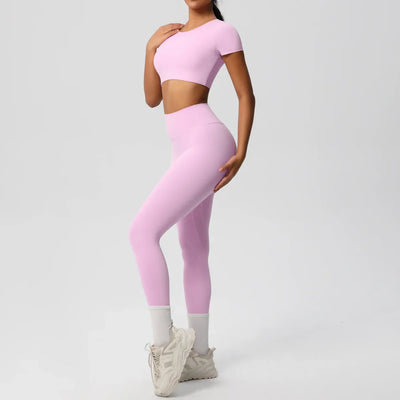 Yoga Set 2 Pieces Women Tracksuits Workout Sportswear Gym Clothing Fitness Short Sleeve With Padded High Waist Leggings Suits
