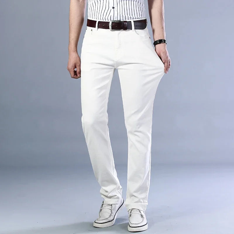 Men's Jeans Pure White Fashion Elastic Slim Youth Slimming Straight Leg Male Pants Business Casual Middle Age High End Trousers